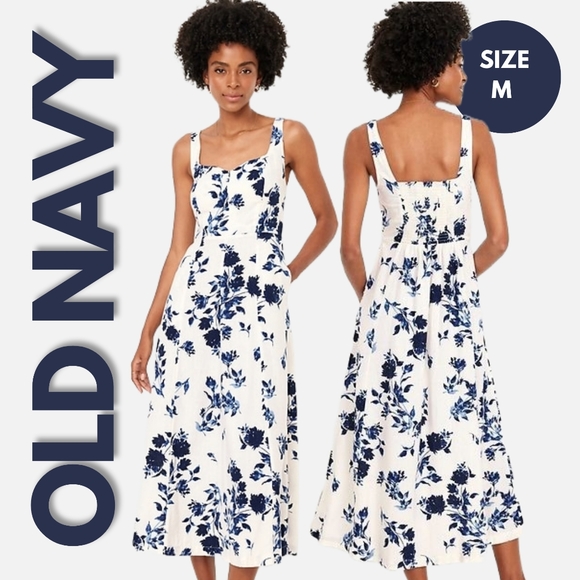 Old Navy Dresses & Skirts - NWT Old Navy Blue Floral Fit & Flare Linen Dress Size M